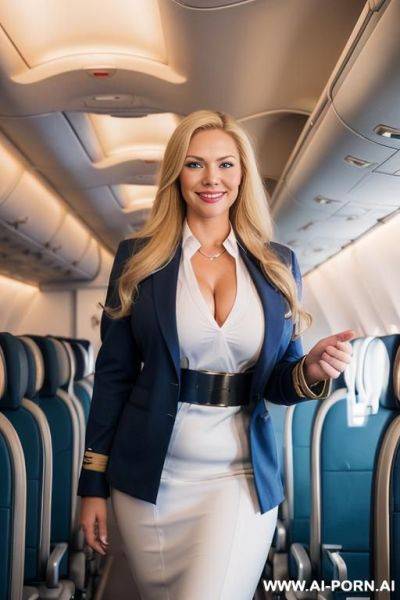 Smile face, air hostess, very big tits, air hostess uniform, standing, stedess, nice face, only jacket, saggy tits, touch tits, flight atdant, very big cleavage - ai-porn.ai on pornintellect.com