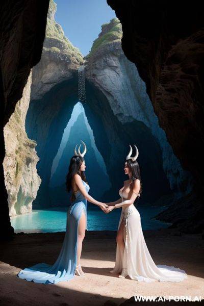 The image depicts two female nude characters with horns, one wearing a blue dress and the other in a white dress, in a fantasy setting, with a cave in the background, and one of them is standing and the other is kneeling. - ai-porn.ai on pornintellect.com