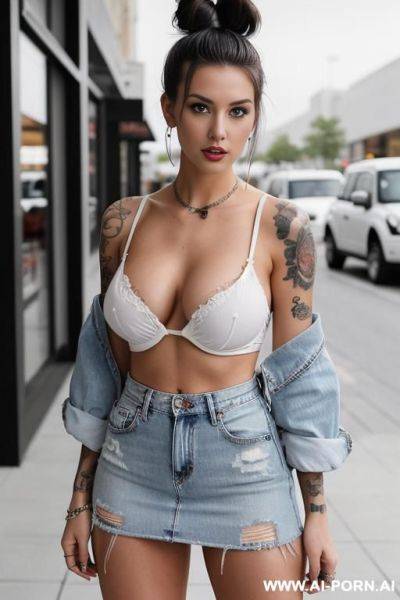 Ripped jeans, jeans unbuttoned, exposed panties, tits out, piercing, classy tattoos - ai-porn.ai on pornintellect.com