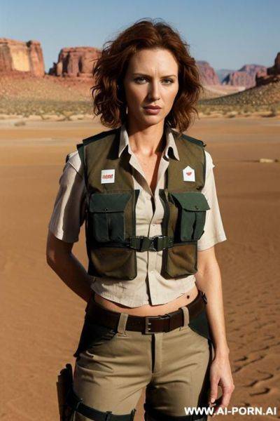 (place: desert), (clothes: ragged uniform, bulletproof vest), (weapon in hands), (short hair), aussie - ai-porn.ai on pornintellect.com