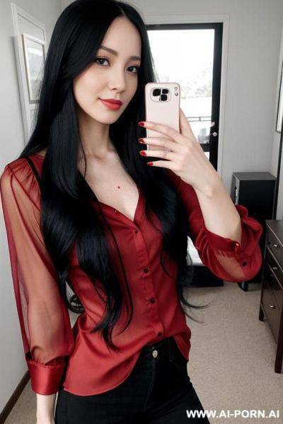 Woman long hair red blouse selfie - ai-porn.ai on pornintellect.com