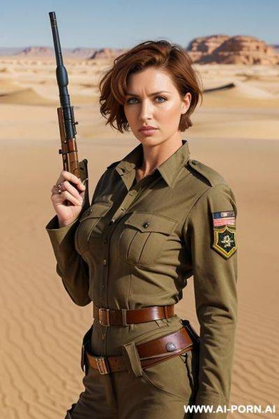 (place: desert), (clothes: ragged sand colored military uniform), (rifle in hands), (short hair), aussie - ai-porn.ai on pornintellect.com