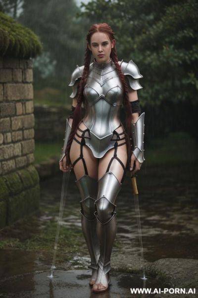 Skimpy armor, lewd, wet hair, wet, flashing pussy, legs spread - ai-porn.ai on pornintellect.com