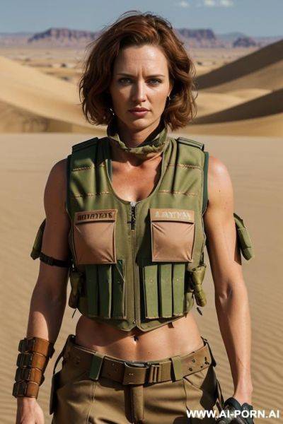 (place: desert), (clothes: ragged sand colored military uniform, bulletproof vest), (weapon in hands), (short hair), aussie - ai-porn.ai on pornintellect.com