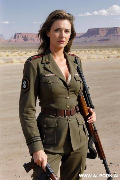 (place desert sactuary);(hair: highlights, long);(holding rifle);(clothes: ragged old military uniform);(large boobs) - ai-porn.ai on pornintellect.com