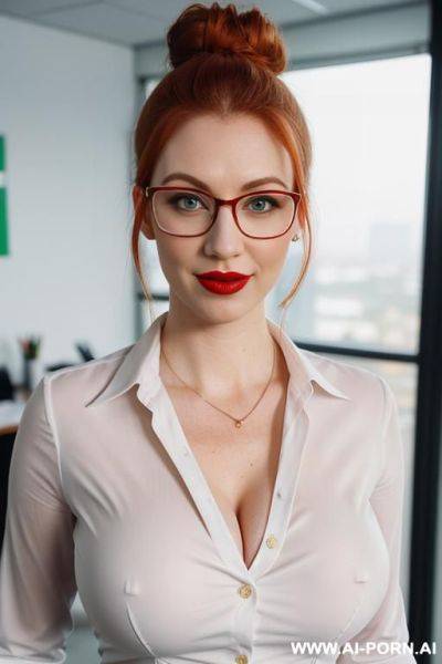 Pale white, big cleavage, business glasses, thick lips, red lipstick - ai-porn.ai on pornintellect.com