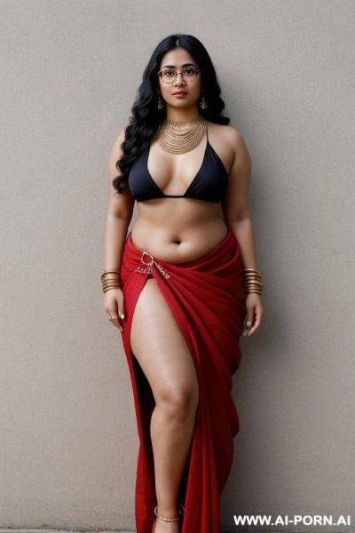 Skin, , beautiful, indian woman, round glasses, round tits, red saree, chubby, full body, hip chain - ai-porn.ai - India on pornintellect.com