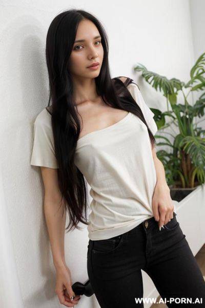 Woman, long hair, long, loose, knee-length cream t-shirt - ai-porn.ai on pornintellect.com