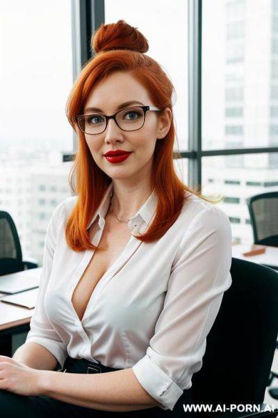 White, big cleavage, business glasses, thick lips, red lipstick, sitting on chair, full body shot - ai-porn.ai on pornintellect.com