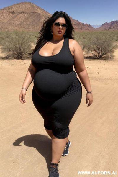 A huge mexican woman, she has a obese body, huge belly, saggy belly, wearing a black tank top, massive huge breast, very big long saggy huge breast, she is walking in the desert - ai-porn.ai - Mexico on pornintellect.com