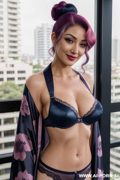 Female geisha ((high muscle tone)) large perfect natural breasts, smirking, alluring facial expression, hourglass figure (( open floral silk kimono )) perfect body)) - ai-porn.ai on pornintellect.com