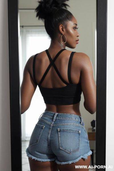 Heavy black eye makeup, crop top, jean shorts, from behind, in front of mirror, face visible, ebony skin - ai-porn.ai on pornintellect.com