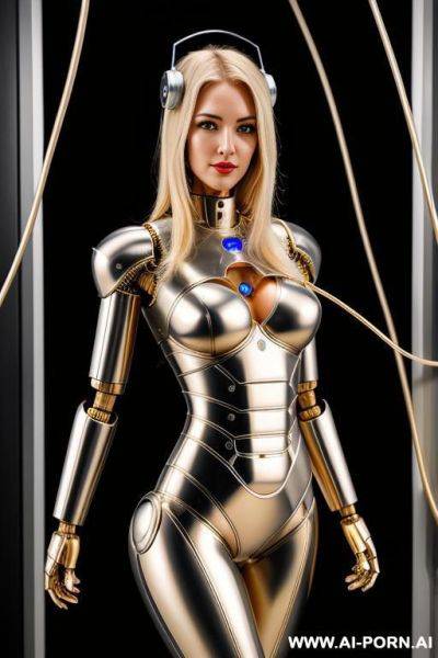 Sexy blonde robot, robotic vagina, fully metallic body, wires inside the body, head connected with wires - ai-porn.ai on pornintellect.com