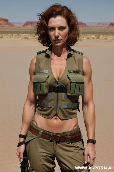 (place: desert), (clothes: ragged military uniform, bulletproof vest), (weapon in hands), (short hair), aussie - ai-porn.ai on pornintellect.com