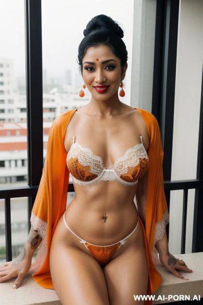 Female geisha ((high muscle tone)) large perfect natural breasts, smirking, alluring facial expression, hourglass figure (( open lace kimono )) perfect body)) - ai-porn.ai on pornintellect.com