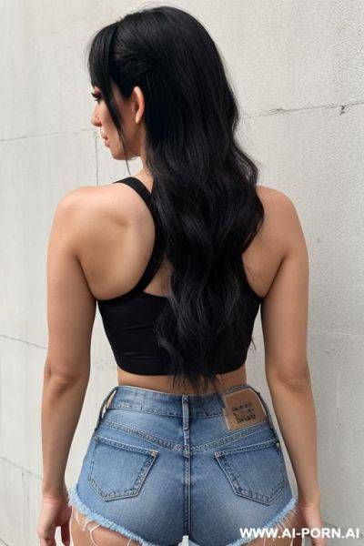 Heavy black eye makeup, crop top, jean shorts, from behind - ai-porn.ai on pornintellect.com