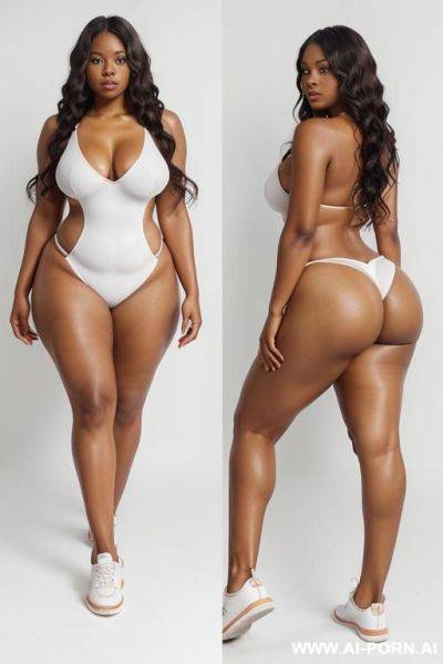 Papau new guinean woman, full body view, full portrait veiw, long sexy legs, thick thighs, hour glass body, wearing sneakers, white background, - ai-porn.ai on pornintellect.com