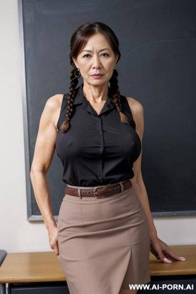 Old milf, (((totally naked))), naughty, two braids, show hairy pussy, dense dark pubic hair, very strict and cruel teacher, dressed like a strict but seductive teacher milf, wearing a tight high-necked sleeveless blouse - ai-porn.ai on pornintellect.com