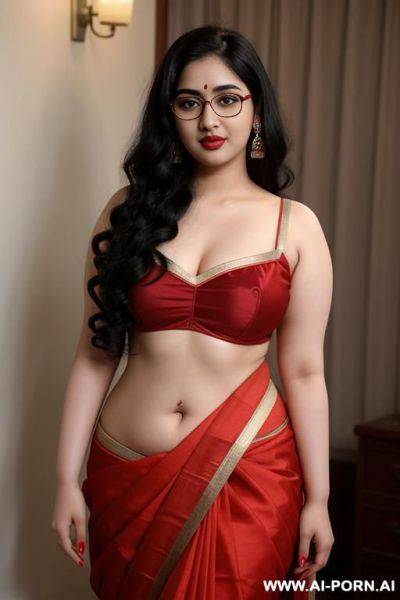 Pale skin, cute, beautiful, indian woman, round glasses, round boobs, red saree, chubby - ai-porn.ai - India on pornintellect.com