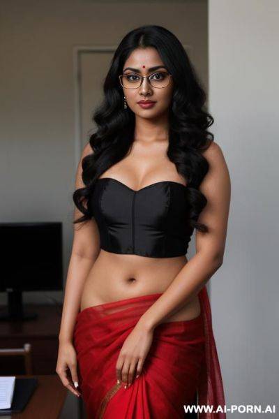 Skin, , beautiful, indian woman, round glasses, round boobs, red saree, full body - ai-porn.ai - India on pornintellect.com