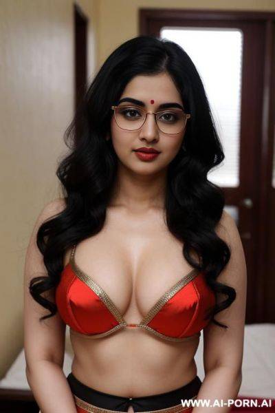 Pale skin, cute, beautiful, indian woman, round glasses, round boobs, red saree, chubby, flashing navel - ai-porn.ai - India on pornintellect.com