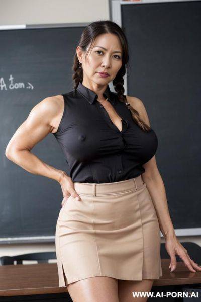 Old milf, (((totally naked))), naughty, two braids, show hairy pussy, dense dark pubic hair, very strict and cruel teacher, dressed like a strict but seductive teacher milf, wearing a tight high-necked sleeveless blouse, high-slit skirt, both arms up - ai-porn.ai on pornintellect.com