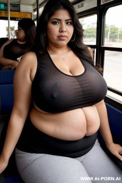 A huge mexican woman, she has a obese body, she is riding on a bus, wearing a black tank top, massive breast, very big long saggy huge hangers - ai-porn.ai - Mexico on pornintellect.com