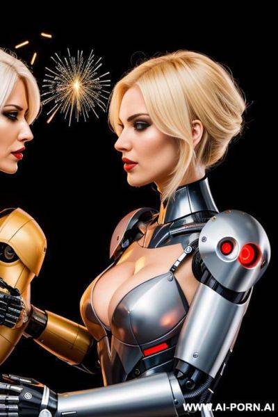 Blonde robots fighting, sparks, malfunction, head off - ai-porn.ai on pornintellect.com