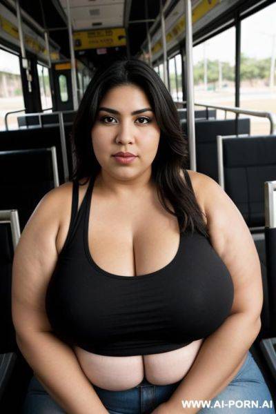 A huge mexican woman, she has a obese body, she is riding on a bus, wearing a black tank top, massive breast, very big long saggy huge hangers - ai-porn.ai - Mexico on pornintellect.com