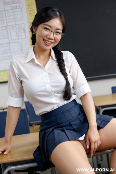 Thai woman, fair skin, big breasts, two braids, glasses, smiling, happy ((naked)), naked, spread legs ((cock in pussy)), see pussy, show pussy, white shirt, short pleated dark blue skirt, on the desk, classroom - ai-porn.ai - Thailand on pornintellect.com