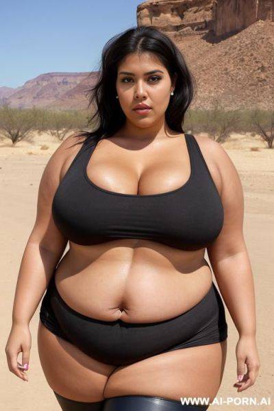 A huge mexican woman, she has a obese body, huge belly, saggy belly, wearing a black tank top, wearing black leggings, massive huge breast, very big long saggy huge breast, she is walking in the desert - ai-porn.ai - Mexico on pornintellect.com