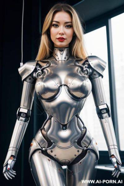 Sexy blonde robot broken into parts, robotic vagina, fully metallic body, wires inside the body - ai-porn.ai on pornintellect.com