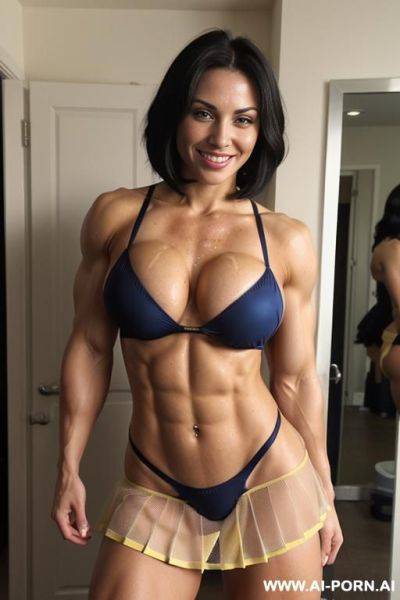 Yellow string bikini, muscular abs, muscular arms, muscular shoulders, muscular legs, beauty queen, posing, bodybuilder, full body view, bobcut hair, - ai-porn.ai on pornintellect.com