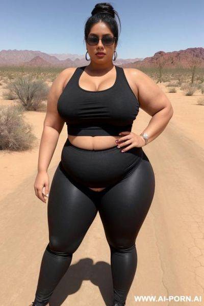 A huge mexican woman, she has a obese body, huge belly, saggy belly, wearing a black tank top, wearing black leggings, massive huge breast, very big long saggy huge breast, she is walking in the desert - ai-porn.ai - Mexico on pornintellect.com