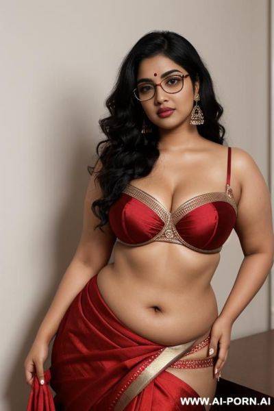 Skin, , beautiful, indian woman, round glasses, round boobs, red saree, chubby, flashing navel, full body - ai-porn.ai - India on pornintellect.com