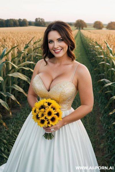 Short large breasted southern belle smiling wearing a ball gown showing cleavage standing in a cornfield - ai-porn.ai on pornintellect.com