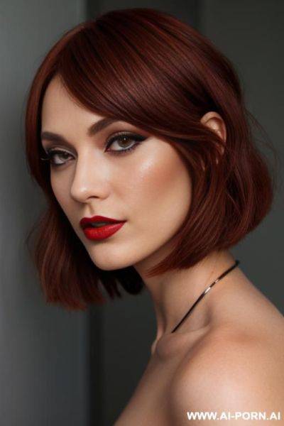 Dark ginger hair, 9, long bob haircut, dark red lipstick, eyeliner, mascara, topless, head to toe - ai-porn.ai on pornintellect.com