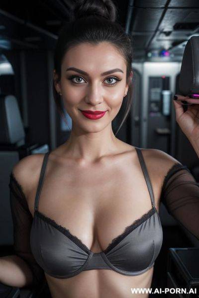 Topless, half wear bra, showing boobs, opened blouse, showing nipples, huge massive oversize boobs, tight boobs, naked pussy, tight pussy, beautiful face, makeup, beautiful hair - ai-porn.ai on pornintellect.com