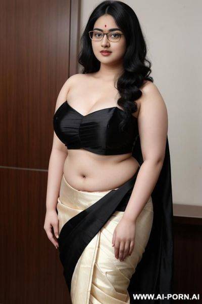 Pale skin, cute, beautiful, indian woman, round glasses, round boobs, saree, full body, navel, chubby - ai-porn.ai - India on pornintellect.com