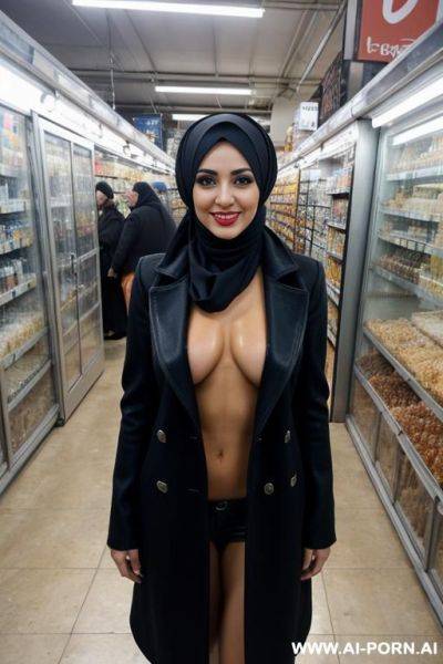 Hijab, dark eyeliner, kosher market, direct eye contact, from face to knee view, show shaved pussy, long open coat, totally naked - ai-porn.ai on pornintellect.com