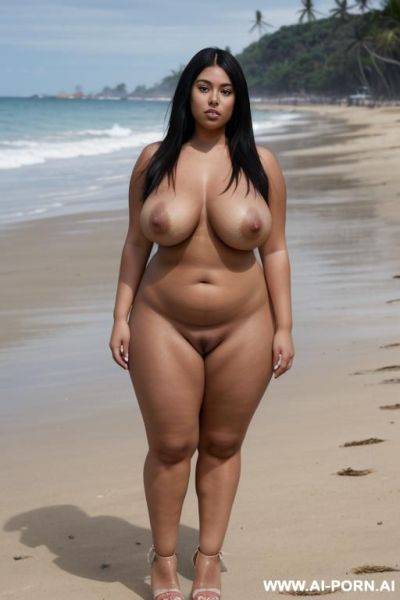 Ultra realistic photo, hottest pornstar, beautiful tanned skin, beautiful face, attractive large wide set eyes, full lips, very thick curvy body, ((((completely naked)))), (((((saggy boobs, low hanging - ai-porn.ai on pornintellect.com