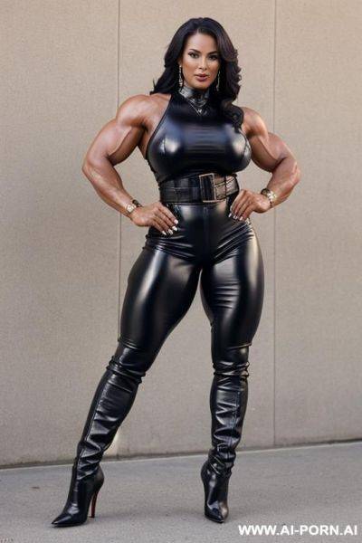 Fully in leather, big, strong body building milf, high leather boots, stiletto heel, standing tall, showing biceps, leather trousers, regular breasts - ai-porn.ai on pornintellect.com