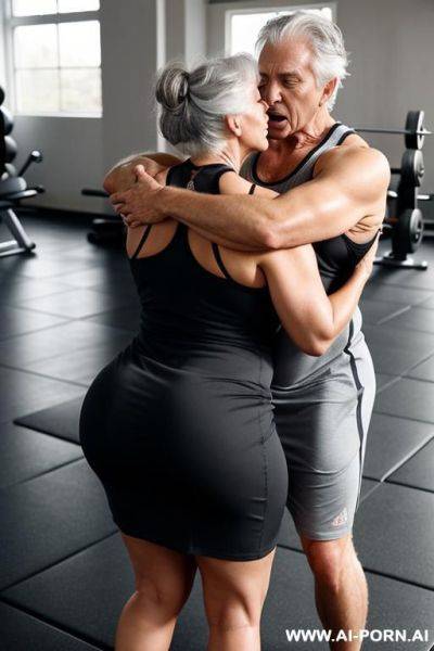 A very old lady, shocked face, gray messy hair, curvy body in a gym dress, is groped with passion from behind by a stranger man male simulating sexual intercourse during a stretching session - ai-porn.ai on pornintellect.com