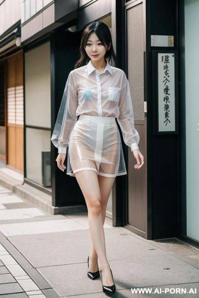 A japanese woman walking down the street wearing transparent uniform shirt and skirt. - ai-porn.ai - Japan on pornintellect.com