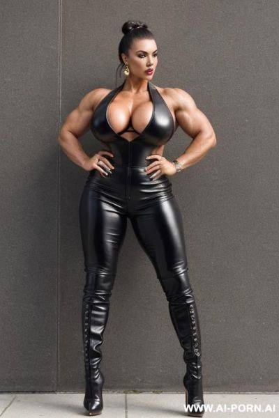 Fully in leather, big, strong body building milf with a hair bun, high leather boots, stiletto heel, standing tall, leather trousers - ai-porn.ai on pornintellect.com