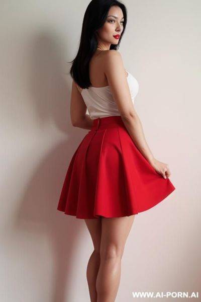 A woman in a red skirt bends over, her legs are shoulder width apart. - ai-porn.ai on pornintellect.com