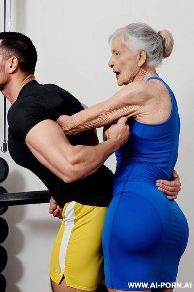 A very old lady in a gym dress is grabbed by her butt by a stranger man in a fitness dress, she is pulled on his pelvis simulating a sexual intercourse, her face is shocked - ai-porn.ai on pornintellect.com