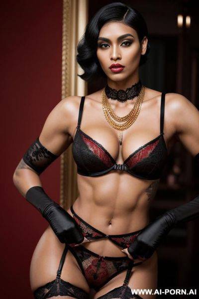 ((((masculine woman)))), ((((masculine woman)))), ((( black hair))), (((masculine woman))), (((masculine woman))), red and black lace garter belt, red lace stockings, black bodysuit, black gloves, gold key necklace - ai-porn.ai on pornintellect.com