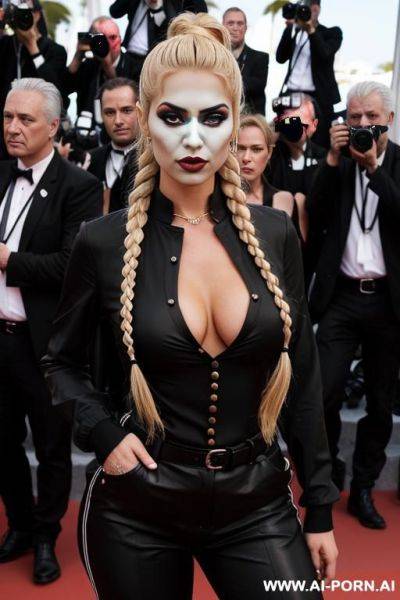 Big breast expansion, seductive lip bite, blonde, ponytail, button popping, 1, arms up, eyes closed, tight shirt - ai-porn.ai on pornintellect.com