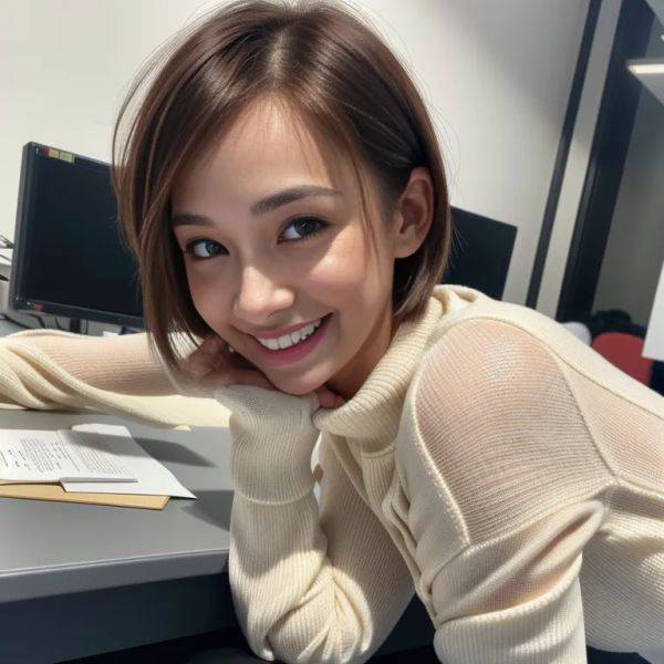 ,woman,aging,(RAW photo, best quality, masterpiece:1.1), (realistic, photo-realistic:1.2), ultra-detailed, ultra high res, physically-based rendering,short hair,brown hair,hair behind ear,beautiful,(grin:1.2),huge - pornmake.ai on pornintellect.com